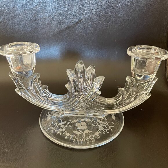 Vintage Fostoria Double Candlestick Navarre Etched Glass Flowers Base - Picture 2 of 10